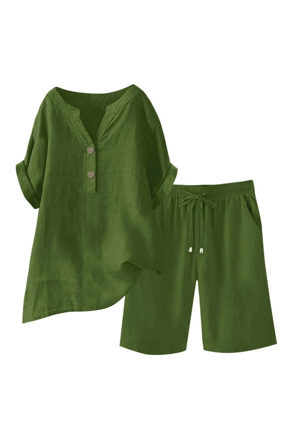 Linen Sets for Women 2 Piece Short Sleeve Shirts & Wide Leg Shorts Loose Fit Casual Cotton Linen Sets Summer Oversized Tshirts Drawstring Short Pants Loungewear Comfy Suit