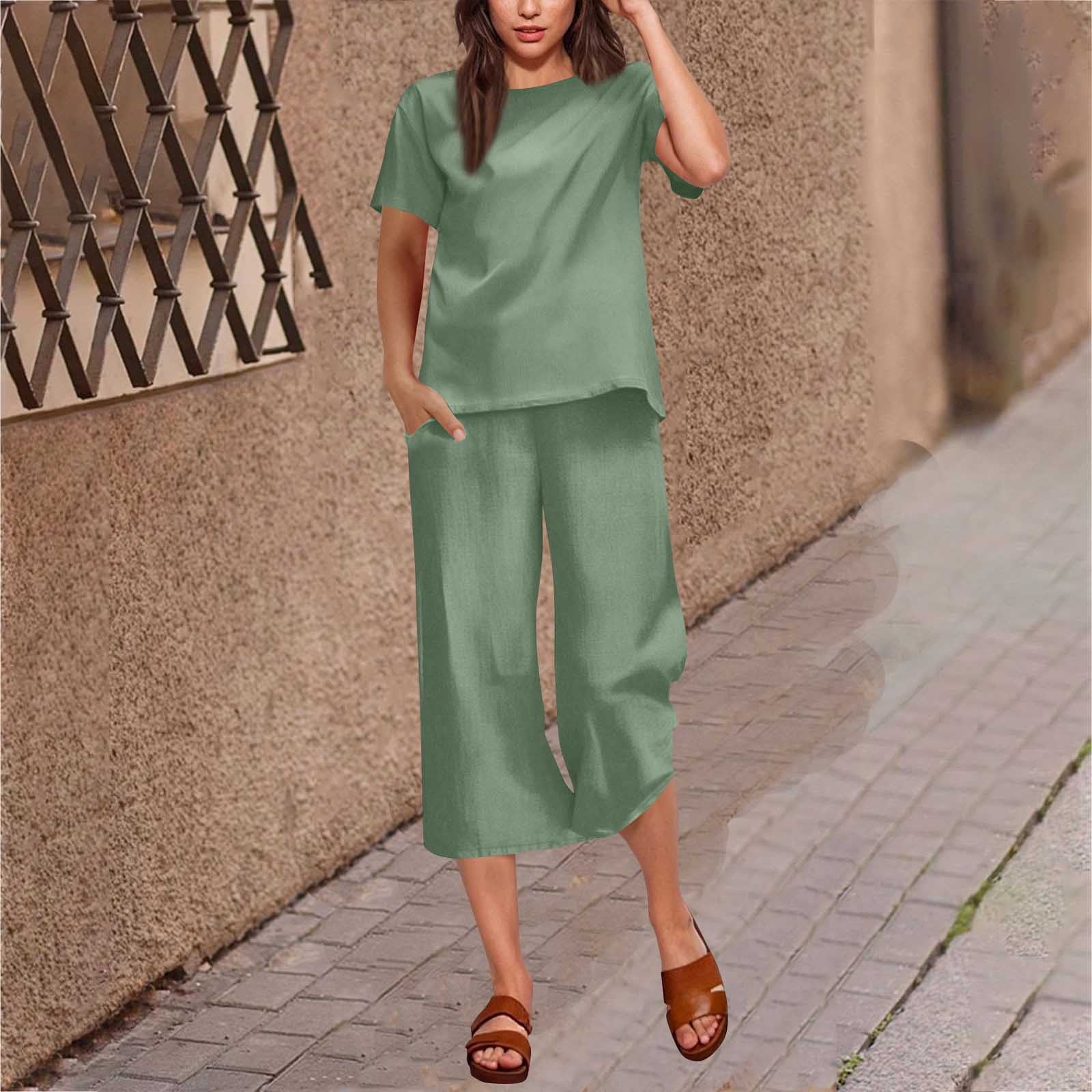 Linen Sets for Women 2 Piece Summer Casual Outfits Short Sleeve ...
