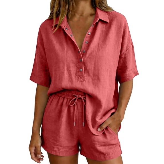 Linen Sets For Women 2 Piece Trending Womens Clothes Tee Shirts Womens Loose Fit Travel Outfits For Women Short Sleeve Button Up Women Spring Blouses For Women 2026 Women Linen Shorts Set