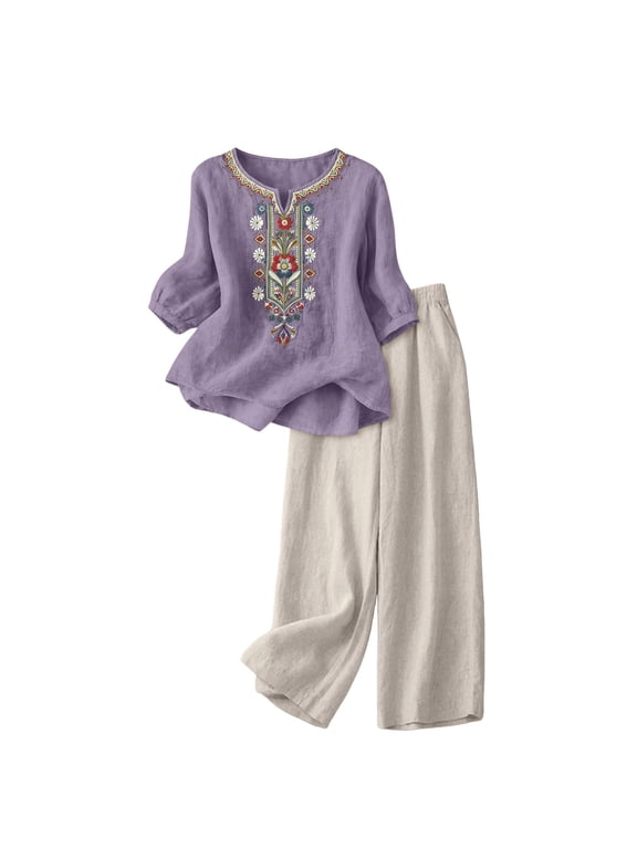 Linen Sets for Women 2 Price Matching Linen Sets Women Clothing Work Sets for Women Wide Leg Pants Lounge Set Beach Travel Set Trouser Pants Suits Shirt and Wide Leg Pants Outfits