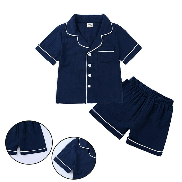 Linen Sets for Kids 2023 Kids Cotton Linen Pajamas Set PJS Short Sleeve Button Down Sleepwear Loungewear 2 Pcs Pjs Set for Unisex Girls Boys