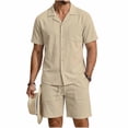 thumbnail image 1 of Linen Sets for Men Button Down Cuban Guayabera Shirt with Pocket Shorts Set 2 Piece Cotton Linen Outfits Big and Tall Size S-3XL Khaki, 1 of 6