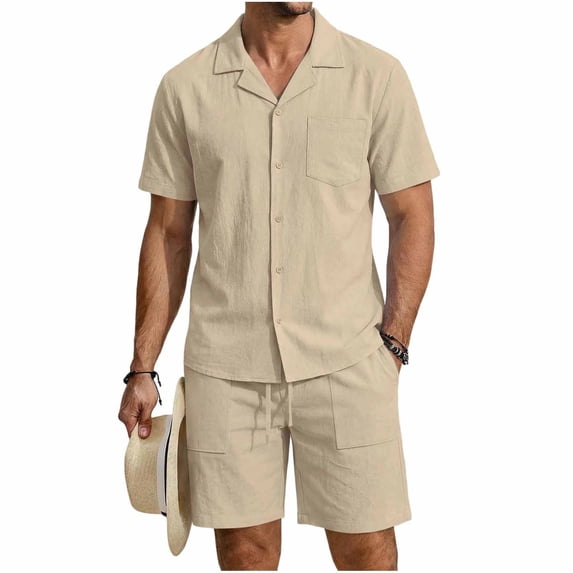 Linen Sets for Men Button Down Cuban Guayabera Shirt with Pocket Shorts Set 2 Piece Cotton Linen Outfits Big and Tall Size S-3XL Khaki