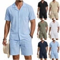 thumbnail image 1 of Linen Sets for Men Button Down Cuban Guayabera Shirt with Pocket Shorts Set 2 Piece Cotton Linen Outfits Big and Tall Size S-3XL White, 1 of 6