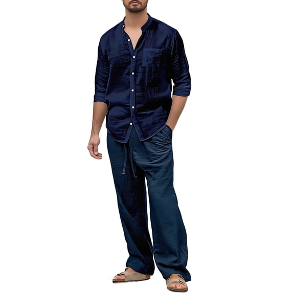 Linen Sets for Men Fashion Long Sleeve Button Crew Neck Tops Baggy Elastic Wide Leg Drawstring Pants Comfy Casual Travel Outfits with Pockets Navy L