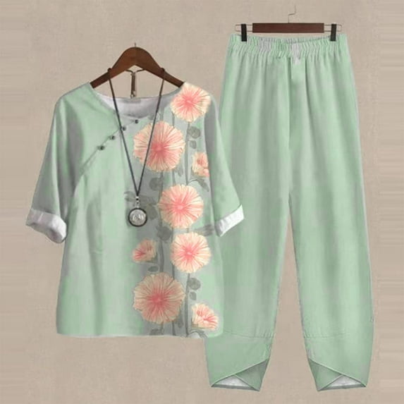 Linen Sets for Women 2 Piece 2023,Women's Summer 2 Piece Outfits Cotton Linen Top & Wide Leg Pants Lounge Set with Pockets