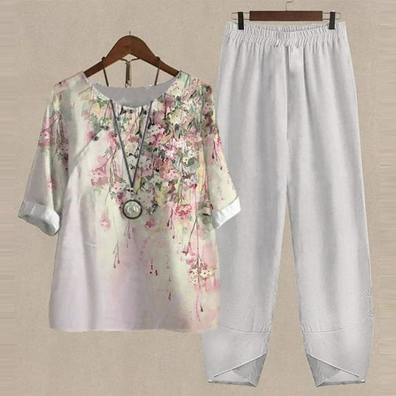 Linen Sets for Women 2 Piece 2023,Women's Summer 2 Piece Outfits Cotton Linen Top & Wide Leg Pants Lounge Set with Pockets