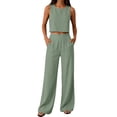 thumbnail image 1 of Linen Sets for Women 2 Piece 2026 Summer Crew Neck Tank Tops Wide Leg Pants Matching Set Casual Boho Beach Outfits Green M, 1 of 3