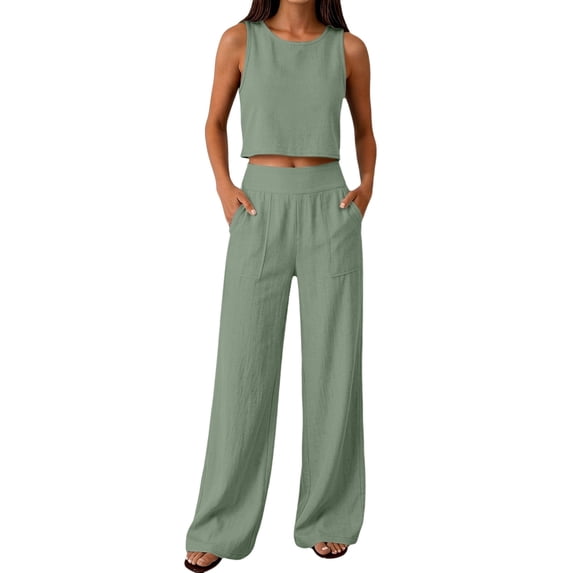 Linen Sets for Women 2 Piece 2026 Summer Crew Neck Tank Tops Wide Leg Pants Matching Set Casual Boho Beach Outfits Green M