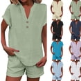 thumbnail image 1 of Linen Sets for Women 2 Piece 2026 Summer Plus Size Short Sleeve Shirts Shorts Matching Set Casual Cute Beach Vacation Outfits,Mint Green L, 1 of 6