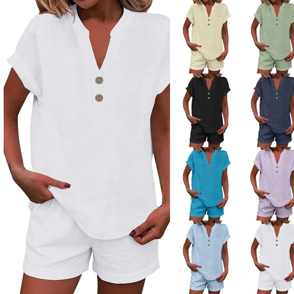 Linen Sets for Women 2 Piece 2026 Summer Plus Size Short Sleeve Shirts Shorts Matching Set Casual Cute Beach Vacation Outfits,White XL