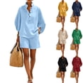 thumbnail image 1 of Linen Sets for Women 2 Piece Batwing Sleeve V Neck Button Shirts and Shorts Set Summer Casual Outfit, 1 of 5