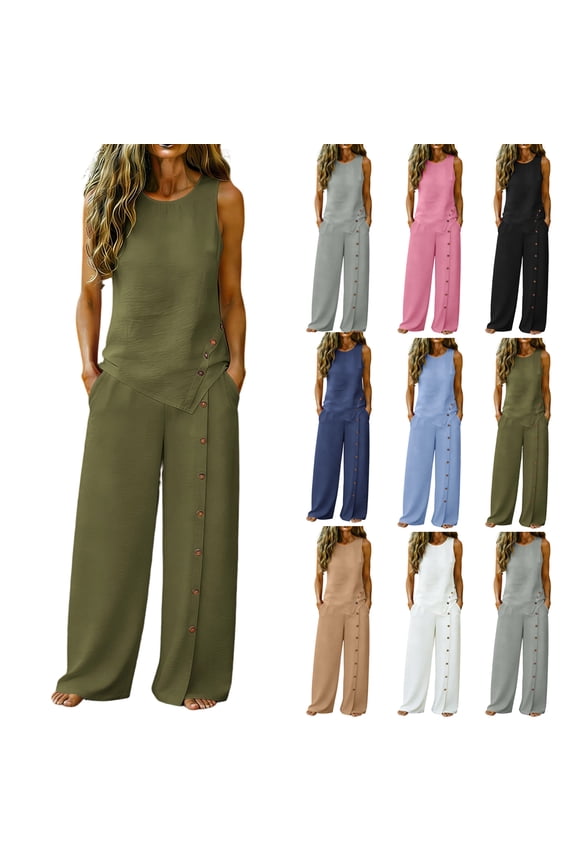 Linen Sets for Women 2 Piece Button Sleeveless Tank Tops with Wide Leg Pants Matching Set Casual Beach Outfits Pink M