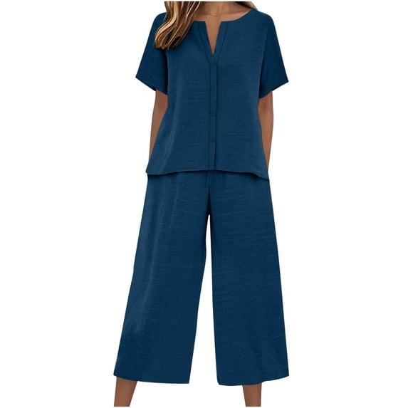 Linen Sets for Women 2 Piece Button Up Short Sleeve Shirt Wide Leg Pants Casual Summer Vacation Travel Outfits (2XL, Navy)