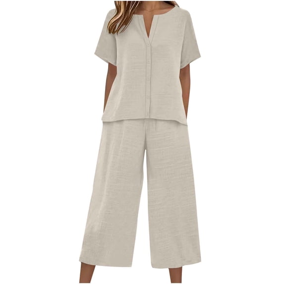 Linen Sets for Women 2 Piece Button Up Short Sleeve Shirt Wide Leg Pants Casual Summer Vacation Travel Outfits (XL, Khaki)