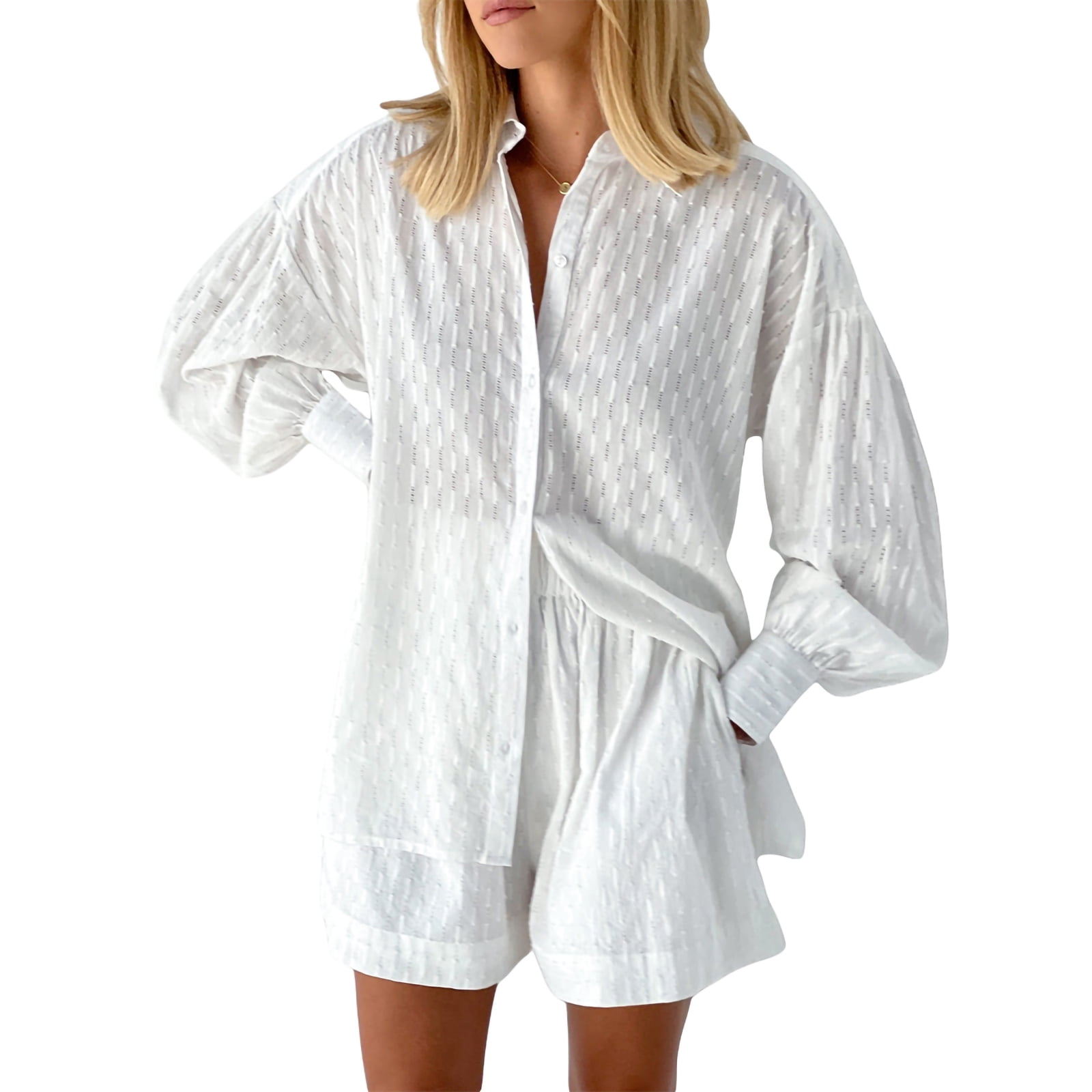 MakeMeChic Women's 2 Piece Fall Outfit - Striped Long Sleeve Button Down Shirt & Shorts Set