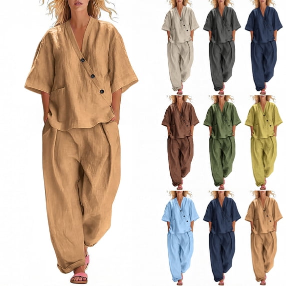 Linen Sets for Women 2 Piece Cotton 3/4 Sleeve Wrap Top And Wide Leg Pants Loose Fit Summer Outfit for Travel Beach