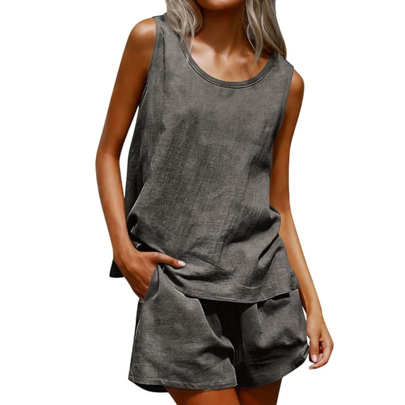 Linen Sets for Women 2 Piece Fashion Summer Outfits Round Neck Sleeveless Blouse Loose Pockets Pants Sets