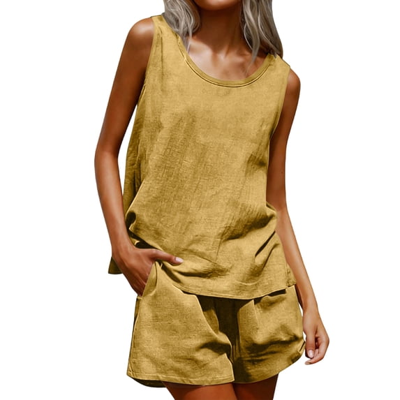 Linen Sets for Women 2 Piece Fashion Summer Outfits Round Neck Sleeveless Blouse Loose Pockets Pants Sets