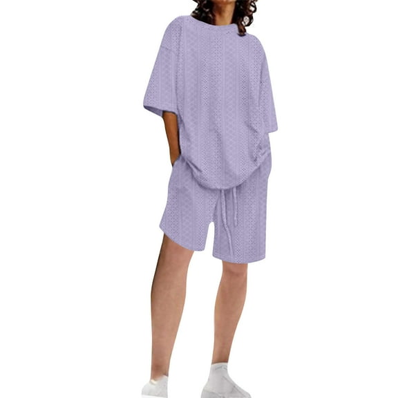Linen Sets for Women 2 Piece New Womens Summer Beach Vacation Outfits 2 Piece Short Set Oversized Tshirt Bermuda Shorts Matching Lounge Sets Purple L