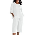 thumbnail image 1 of Linen Sets for Women 2 Piece Outfits Loose Fit Casual Crew Neck 3/4 Sleeve Shirts Top and Capris Pants with Pockets, 1 of 5