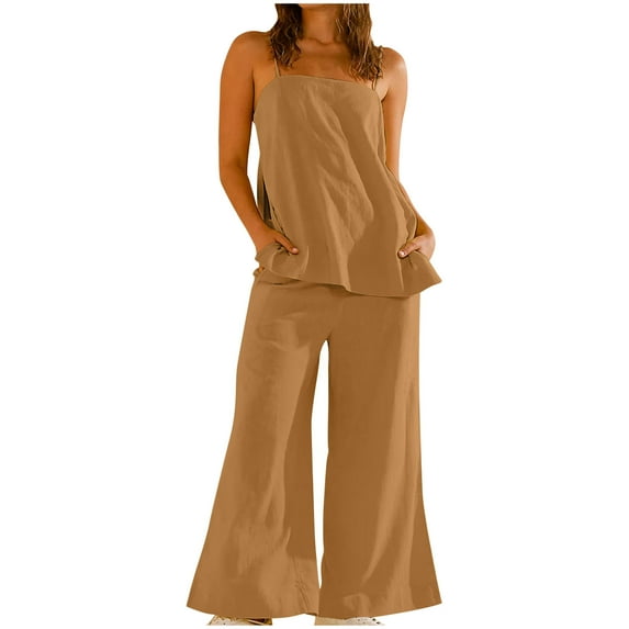 Linen Sets for Women 2 Piece Pants Summer Outfits Matching Lounge Sets Spaghetti Strap Tank Top Pants Sets