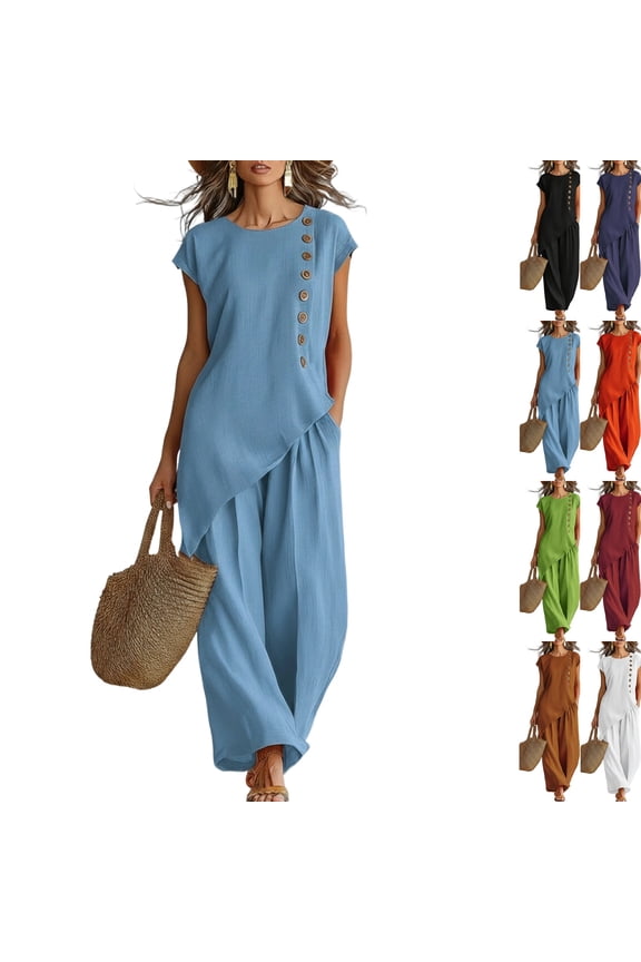 Linen Sets for Women 2 Piece Petite Asymmetrical Slit Button Cap Sleeve Tops and Wide Leg Pants Set Matching Outfit Blue L
