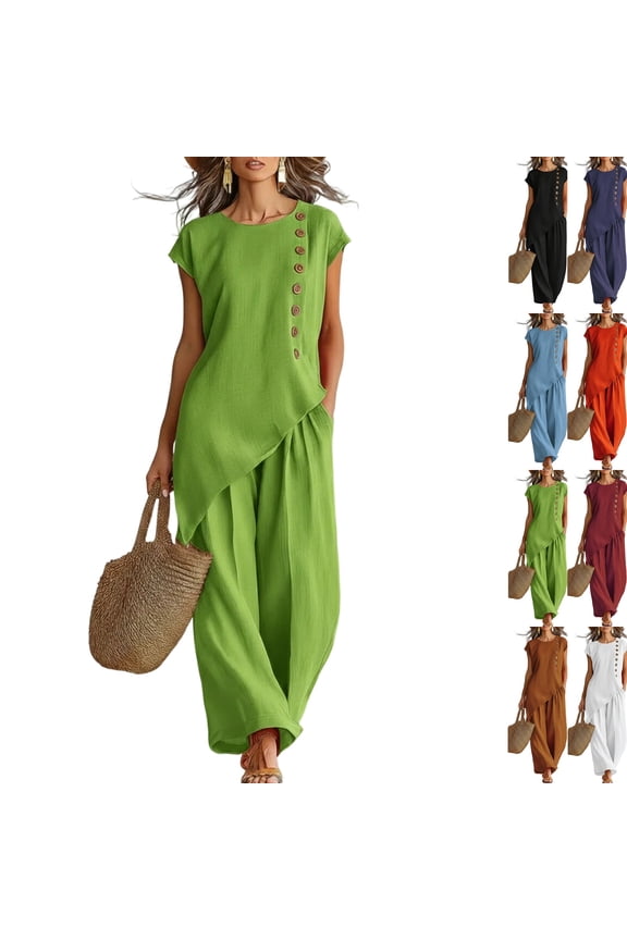 Linen Sets for Women 2 Piece Petite Asymmetrical Slit Button Cap Sleeve Tops and Wide Leg Pants Set Matching Outfit Green M
