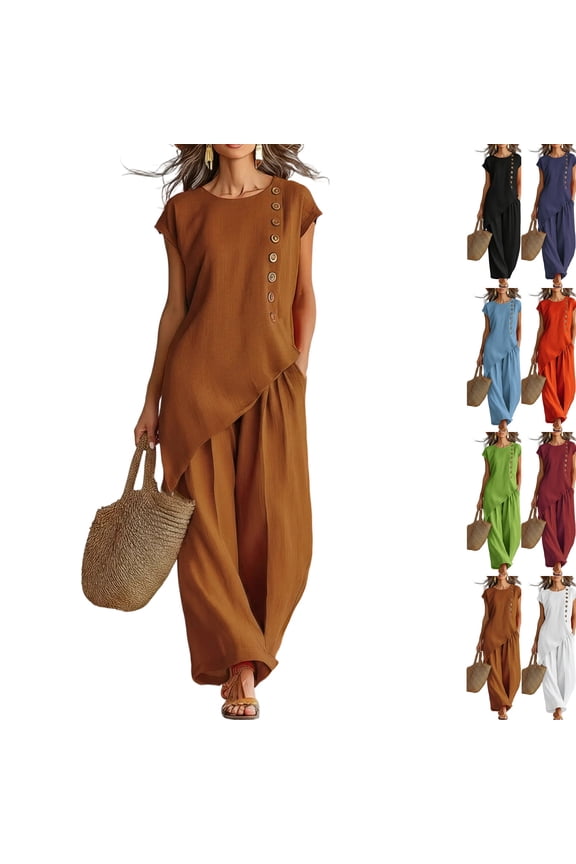 Linen Sets for Women 2 Piece Petite Asymmetrical Slit Button Cap Sleeve Tops and Wide Leg Pants Set Matching Outfit Khaki L