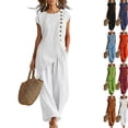 thumbnail image 1 of Linen Sets for Women 2 Piece Petite Asymmetrical Slit Button Cap Sleeve Tops and Wide Leg Pants Set Matching Outfit White M, 1 of 3