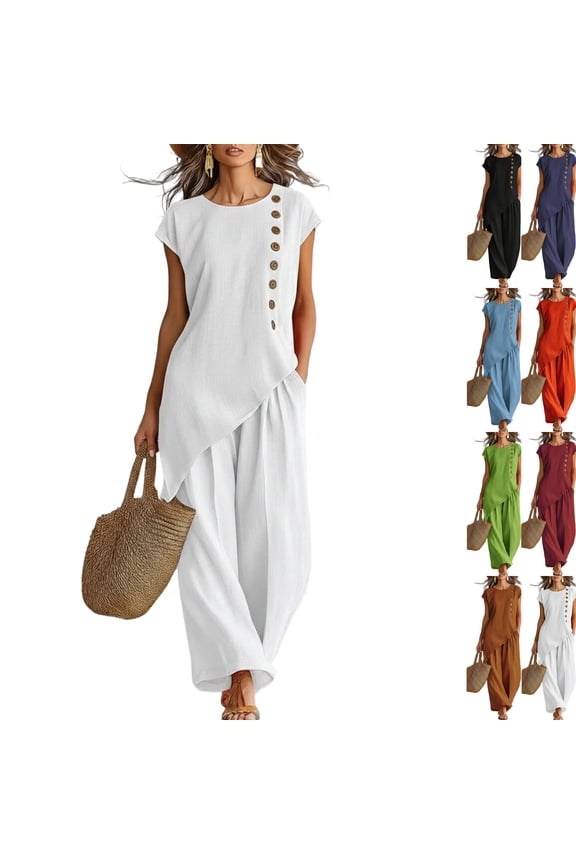 Linen Sets for Women 2 Piece Petite Asymmetrical Slit Button Cap Sleeve Tops and Wide Leg Pants Set Matching Outfit White S
