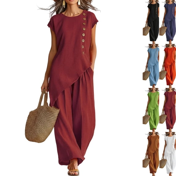 Linen Sets for Women 2 Piece Petite Asymmetrical Slit Button Cap Sleeve Tops and Wide Leg Pants Set Matching Outfit Wine S