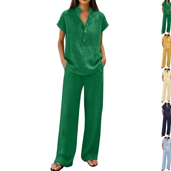 Linen Sets for Women 2 Piece, Short Sleeve Linen Sets Women – Casual Shirt & Wide Leg Pants Outfit for Cozy Style,Dark Green,S