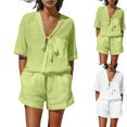 thumbnail image 1 of Linen Sets for Women 2 Piece Short Sleeve Tops and Wide Leg Shorts Summer Casual Fashion Beach Outfits Green L, 1 of 7