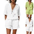 thumbnail image 1 of Linen Sets for Women 2 Piece Short Sleeve Tops and Wide Leg Shorts Summer Casual Fashion Beach Outfits White XL, 1 of 7