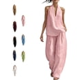 thumbnail image 1 of Linen Sets for Women 2 Piece,Sleeveless V Neck Halter Top Matching Baggy Wide Leg Pants Set, Summer Casual Lounge Outfit, 1 of 7