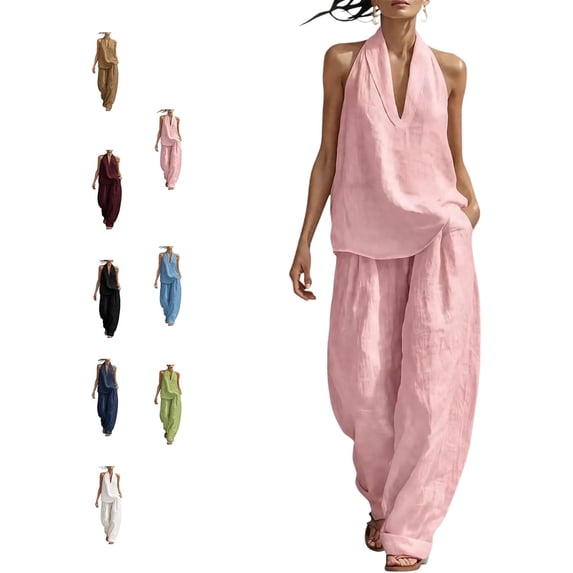 Linen Sets for Women 2 Piece,Sleeveless V Neck Halter Top Matching Baggy Wide Leg Pants Set, Summer Casual Lounge Outfit