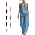 thumbnail image 1 of Linen Sets for Women 2 Piece,Sleeveless V Neck Halter Top Matching Baggy Wide Leg Pants Set, Summer Casual Lounge Outfit, 1 of 7