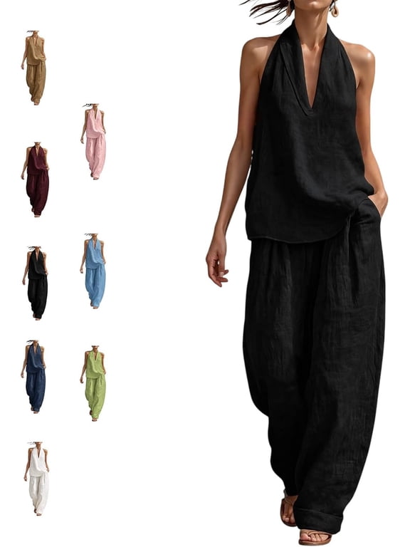 Linen Sets for Women 2 Piece,Sleeveless V Neck Halter Top Matching Baggy Wide Leg Pants Set, Summer Casual Lounge Outfit