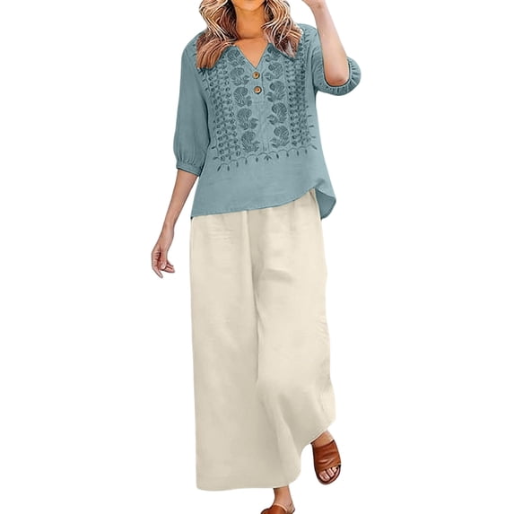 Linen Sets for Women 2 Piece Summer 2026 3/4 Sleeve Embroidered Boho Tops Wide Leg Pants Beach Vacation Outfits Lounge Wear,Sky Blue XL