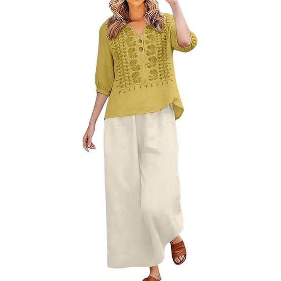 Linen Sets for Women 2 Piece Summer 2026 3/4 Sleeve Embroidered Boho Tops Wide Leg Pants Beach Vacation Outfits Lounge Wear,Yellow L