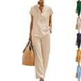 thumbnail image 1 of Linen Sets for Women 2 Piece Summer Casual Short Sleeve V Neck Button down Shirts Matching Loose Wide Leg Pants,Khaki,XL, 1 of 4