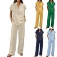thumbnail image 1 of Linen Sets for Women 2 Piece Summer Casual Short Sleeve V Neck Button down Shirts Matching Loose Wide Leg Pants, L, 1 of 8