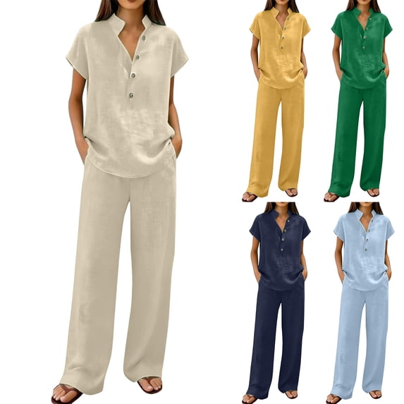 Linen Sets for Women 2 Piece Summer Casual Short Sleeve V Neck Button down Shirts Matching Loose Wide Leg Pants, L