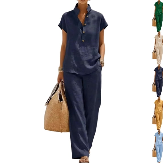 Linen Sets for Women 2 Piece Summer Casual Short Sleeve V Neck Button down Shirts Matching Loose Wide Leg Pants,Navy,3XL