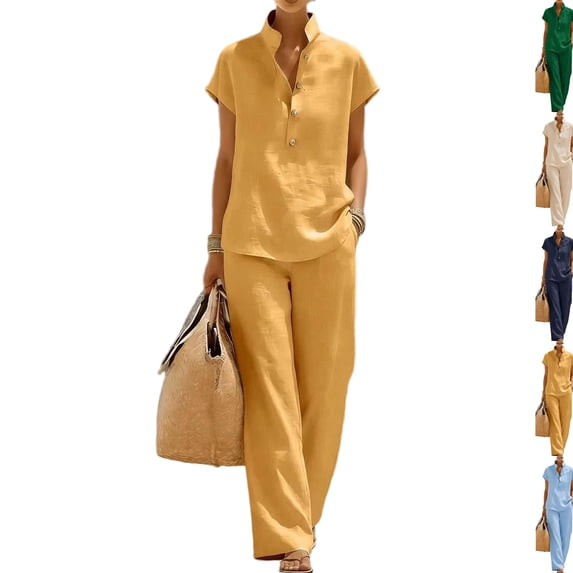 Linen Sets for Women 2 Piece Summer Casual Short Sleeve V Neck Button down Shirts Matching Loose Wide Leg Pants,Orange,3XL