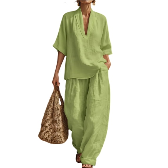 Linen Sets for Women 2 Piece Summer Outfits 3/4 Sleeve Tops Match Wide Leg Pants Cotton Linen Casual Two Piece Sets,Green,M
