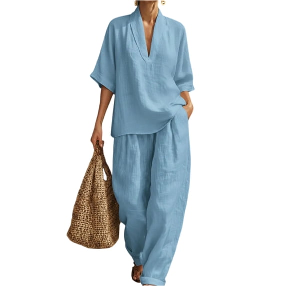 Linen Sets for Women 2 Piece Summer Outfits 3/4 Sleeve Tops Match Wide Leg Pants Cotton Linen Casual Two Piece Sets,Light Blue,S