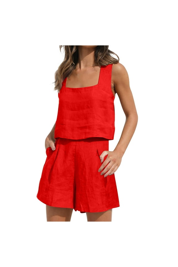 Linen Sets for Women 2 Piece Summer Outfits Casual Crop Tank Tops with Short Pants Tracksuits Lounge Sets
