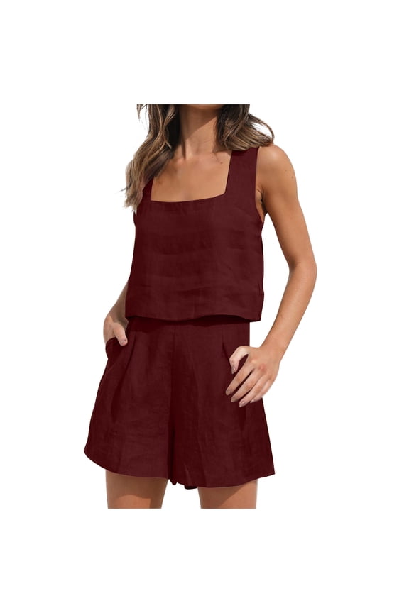 Linen Sets for Women 2 Piece Summer Outfits Casual Crop Tank Tops with Short Pants Tracksuits Lounge Sets